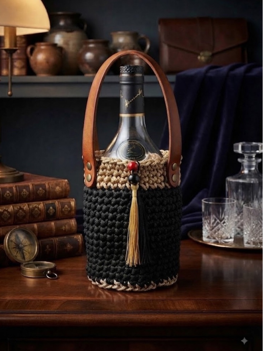 Crocheted Wine Bottle Carrier with Leather Handle in Black & Cream